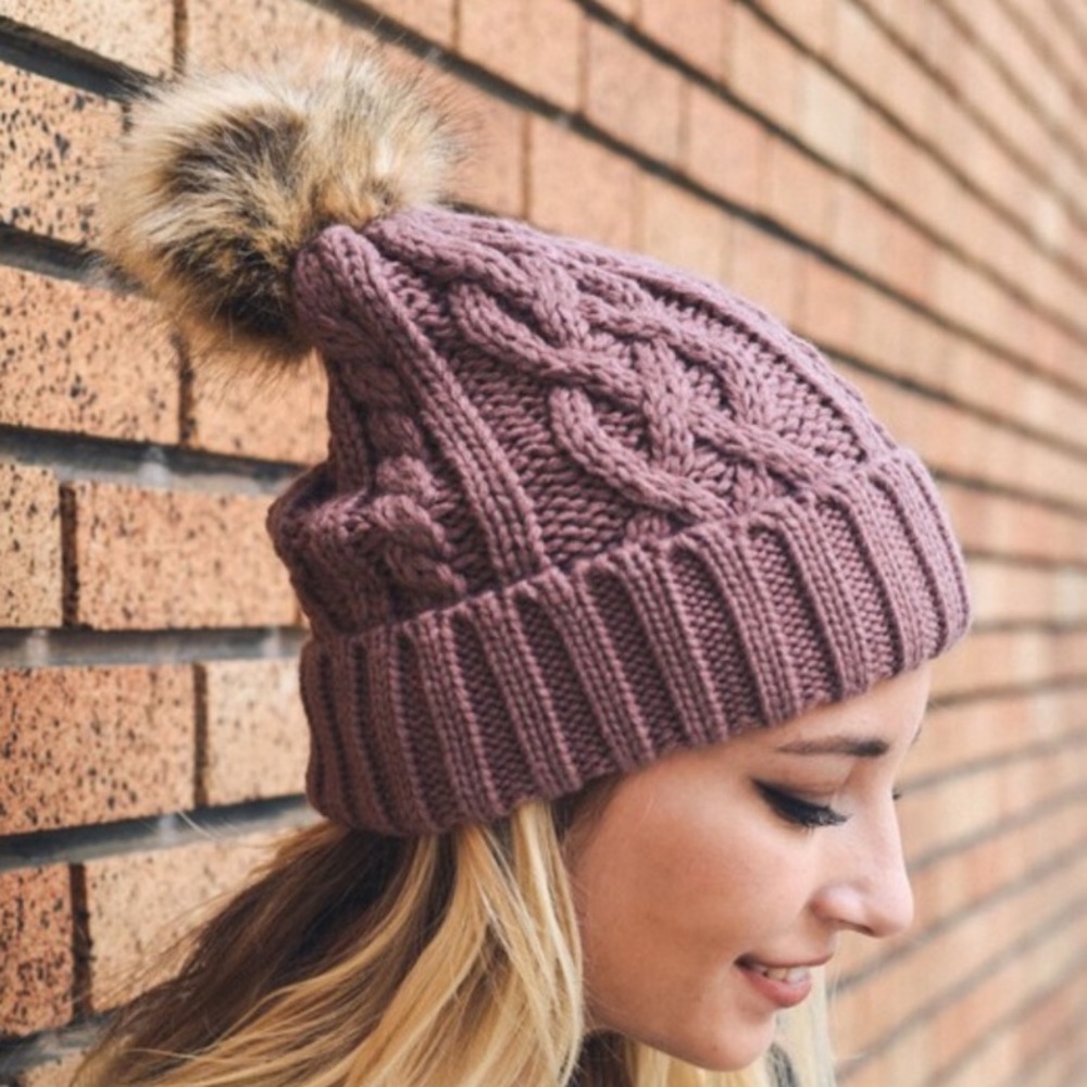 Mauve Cable Knit Pom Pom Beanie Hat